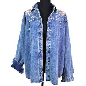 Vintage 80s 90s Denim Button Down Shacket Jacket Collar Shirt Sequin Butterflies